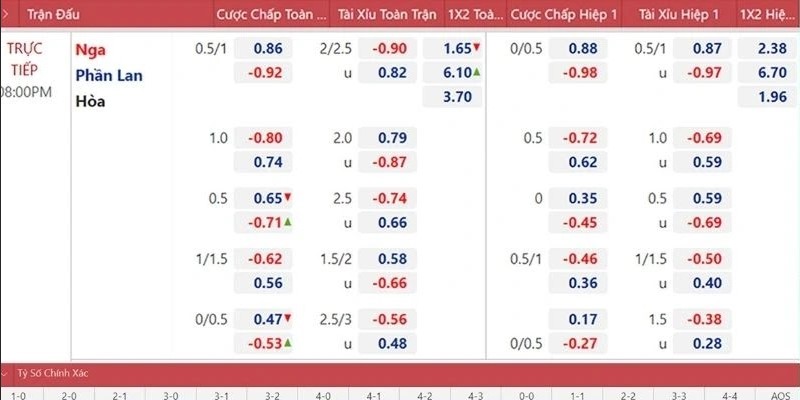 Ví dụ về kèo 1X2 trong trận Nga với Phần Lan